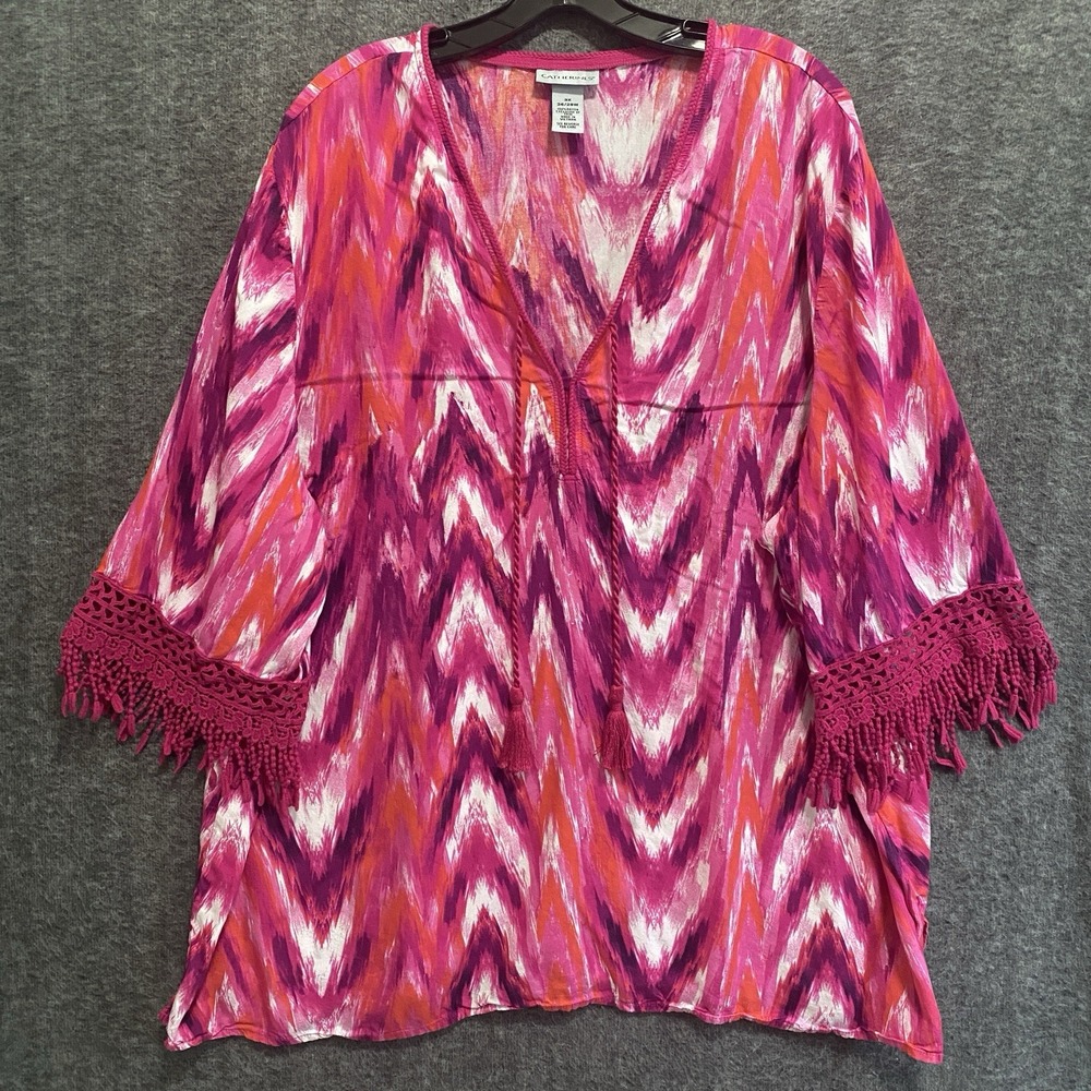Catherines Top 3X Pink Embroidered Crochet Fringe Cover Up Beach Vacation Flowy